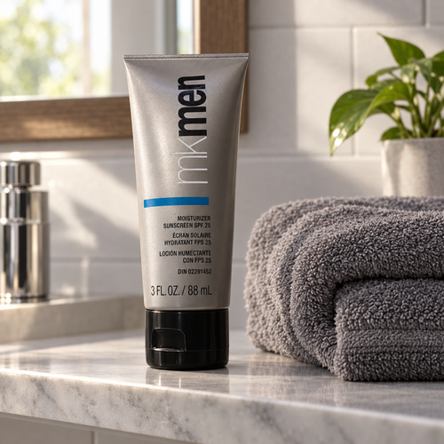 Mary Kay MKMen Moisturizer Sunscreen SPF 25 tube on a bathroom counter during a morning grooming routine