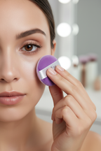 Woman dabbing setting powder with Olivia Rose purple mini powder puff under eye beauty routine — More4less Outlet