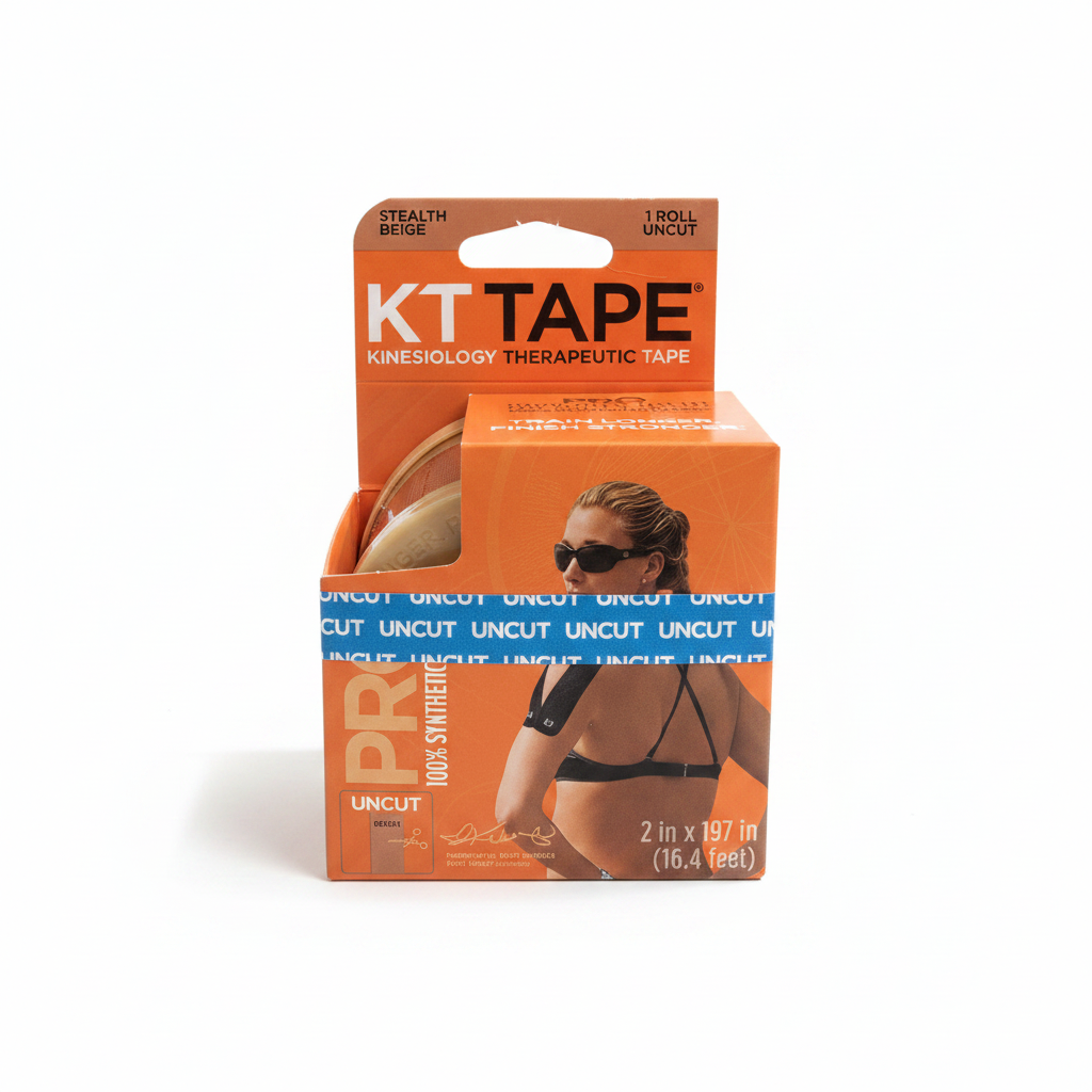 KT Tape Pro Beige Stealth uncut roll in orange retail box with blue UNCUT band on white background