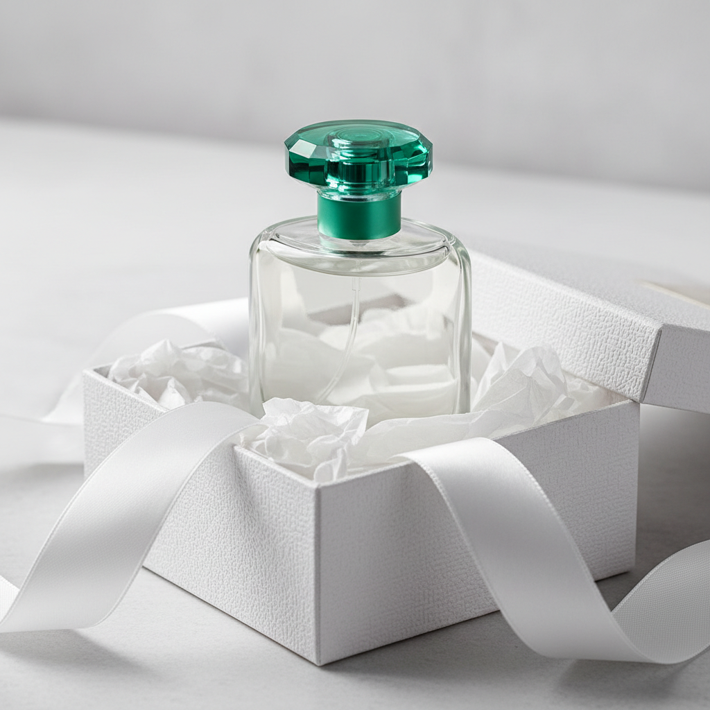 Lifestyle image — clear glass perfume bottle on white tissue paper in open gift box with white ribbon, elegant feminine gifting photography for visual context only