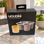 AI-generated kitchen scene of the boxed Houdini four-cavity shot glass ice tray.