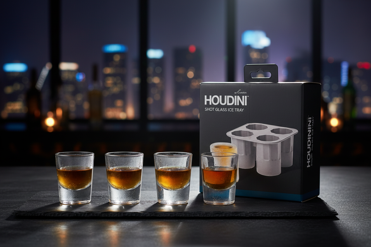 Houdini Shot Glass Ice Tray four ice shot glasses filled with whiskey on dark bar - More4less Outlet