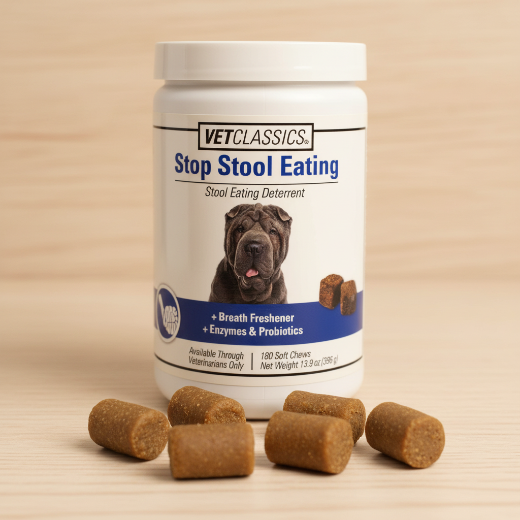 VetClassics Stop Stool Eating soft chew treats close-up in front of supplement bottle on light wood surface