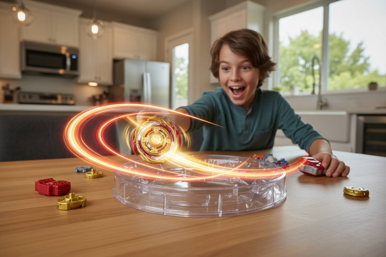 Young boy launching glowing Beyblade Burst Surge Speedstorm Demise Hyperion H6 top into arena – More4less Outlet