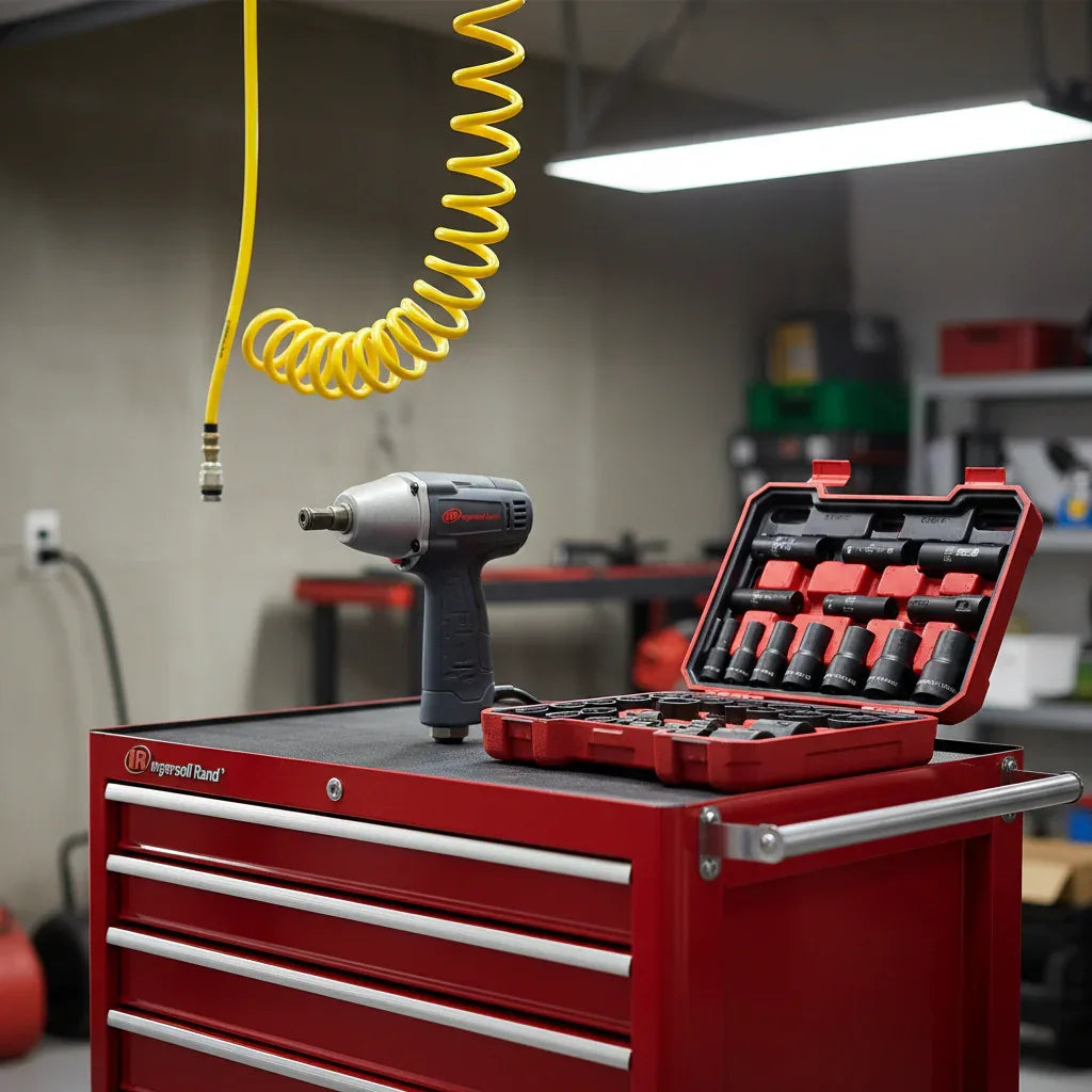 Ingersoll Rand 35MAX compact impact wrench on rolling tool cart with impact socket set and pneumatic airline