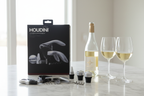 Houdini Lever Corkscrew full kit on white marble counter with white wine and glasses - More4less Outlet