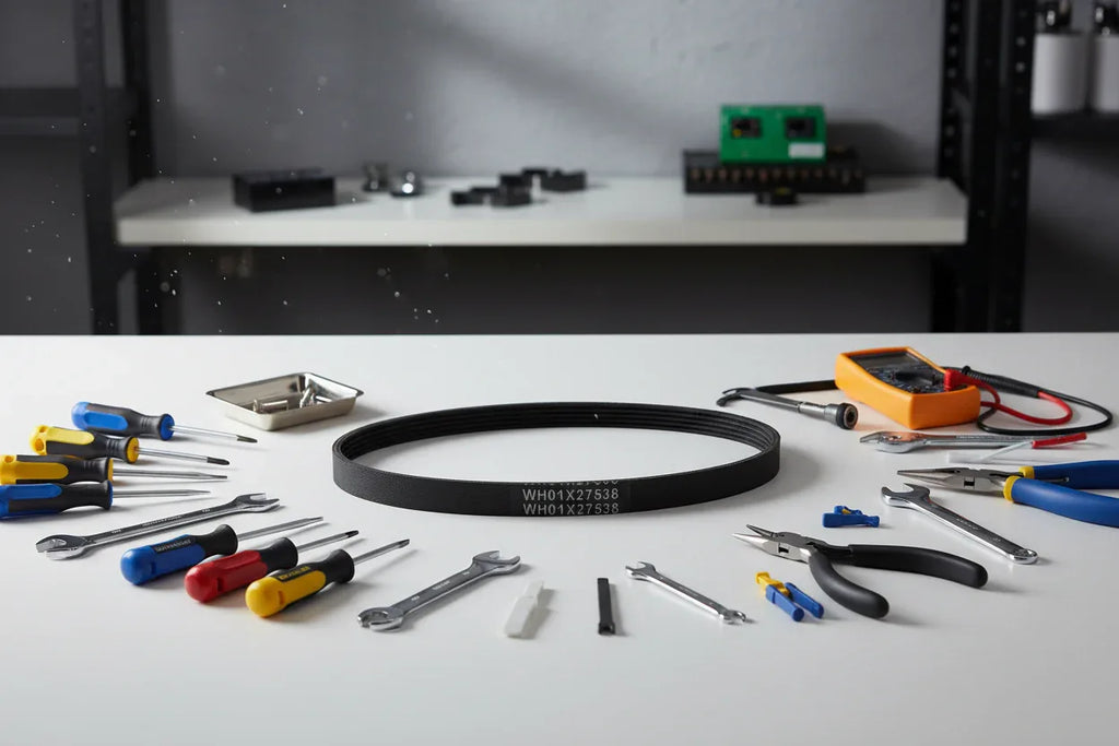 Precision repair tools next to a replacement rubber drive belt on a workbench