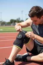 Focused athlete adjusting DonJoy black hinged knee brace neon yellow-green on fitness track — More4less Outlet