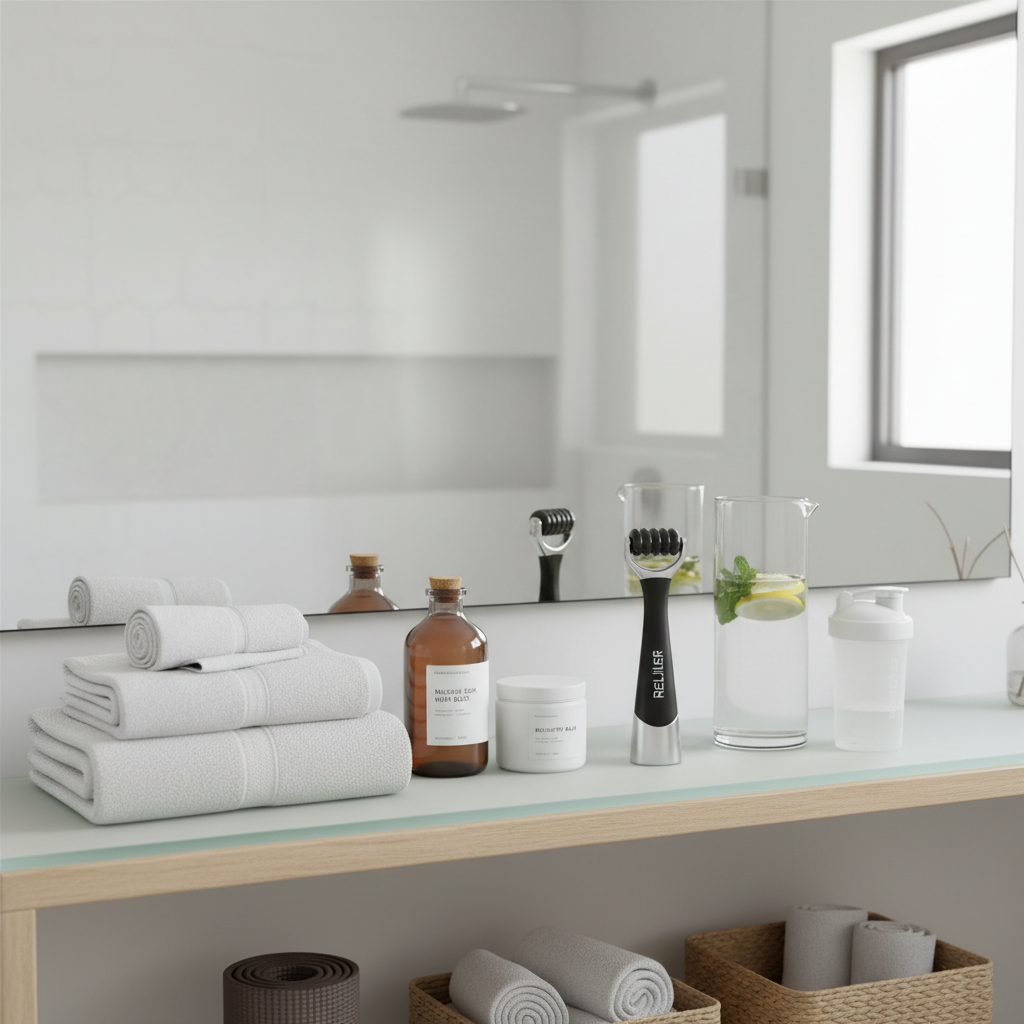 Modern bathroom shelf with post-workout recovery essentials, towels, and pain relief applicator