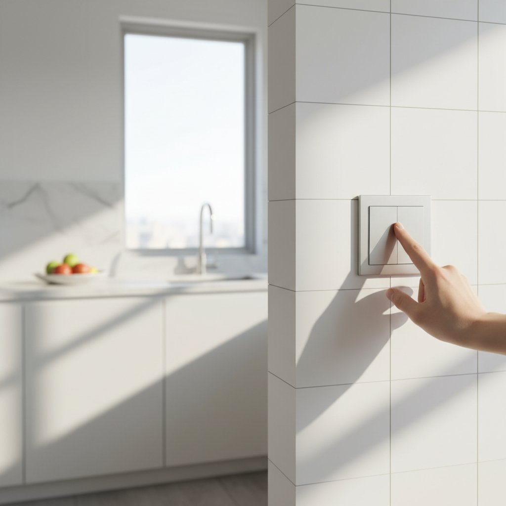Hand tapping Legrand adorne sofTap magnesium switch in modern kitchen