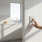Hand tapping Legrand adorne sofTap magnesium switch in modern kitchen