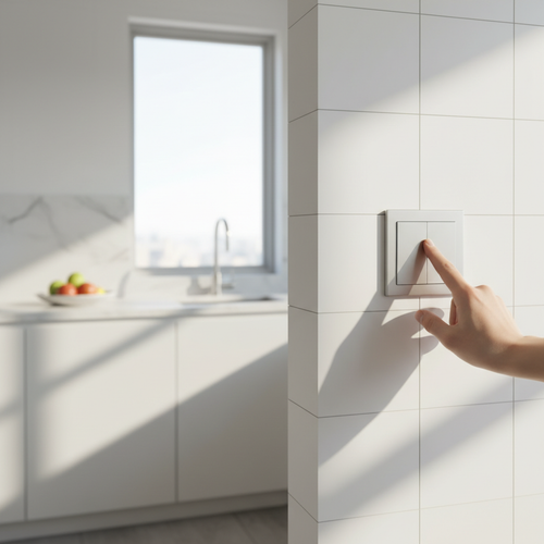 Hand tapping Legrand adorne sofTap magnesium switch in modern kitchen