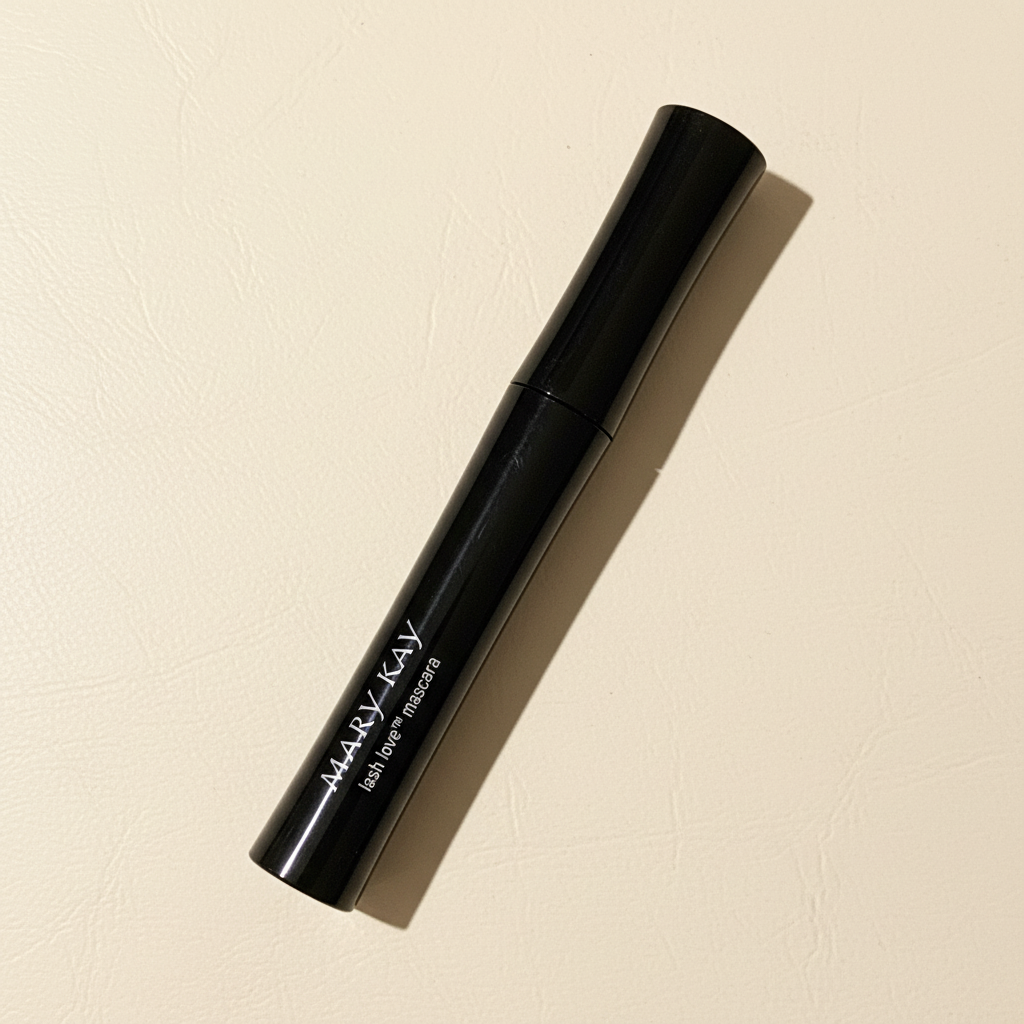 AI-generated flat-lay view of a black Mary Kay Lash Love Mascara tube