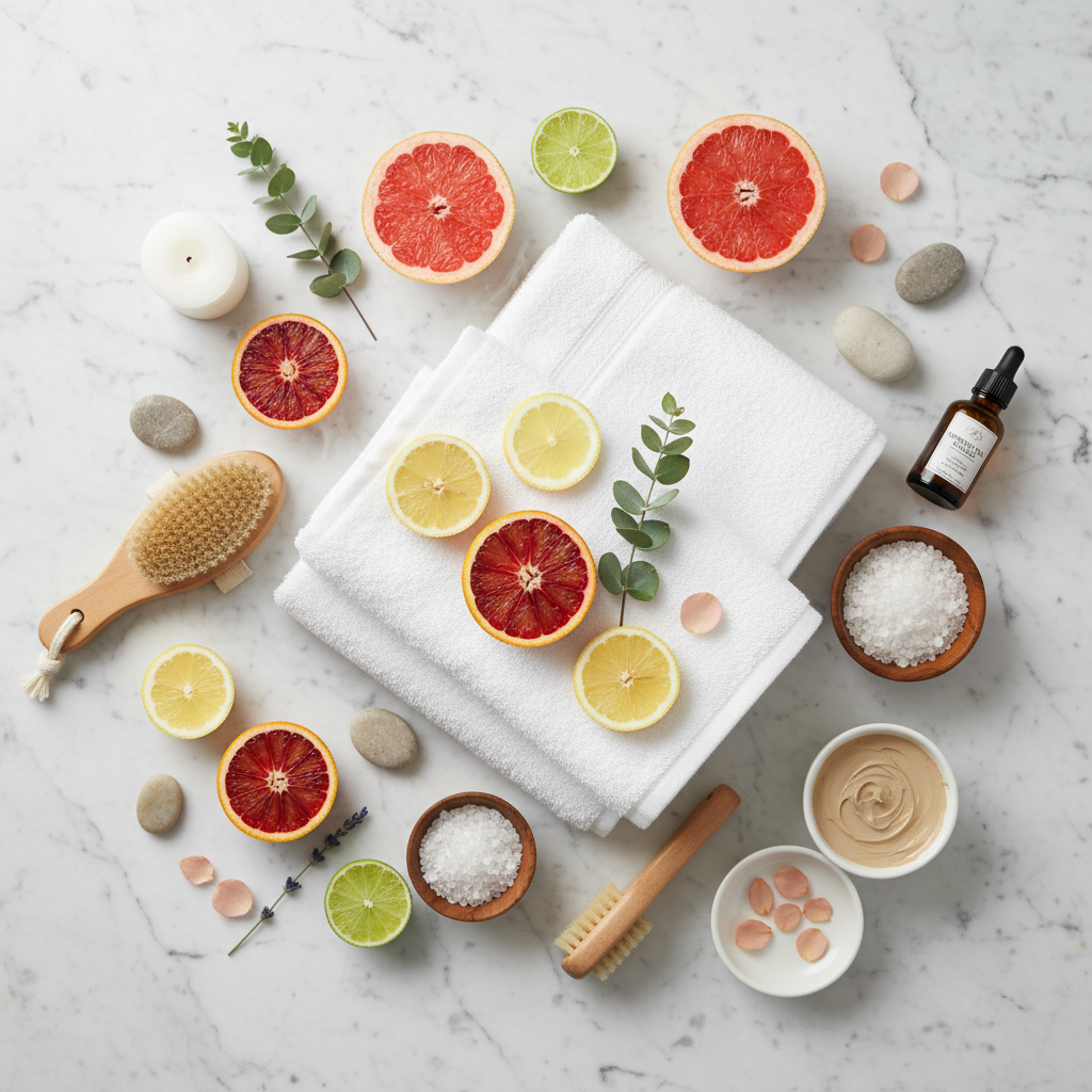 Flat-lay of natural spa accessories, citrus accents, and white towels on clean marble surface