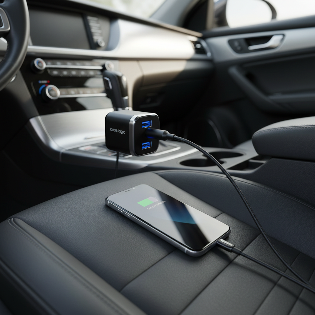 Case Logic Dual USB Car Charger plugged into car dashboard cigarette lighter port — lifestyle image — More4less Outlet