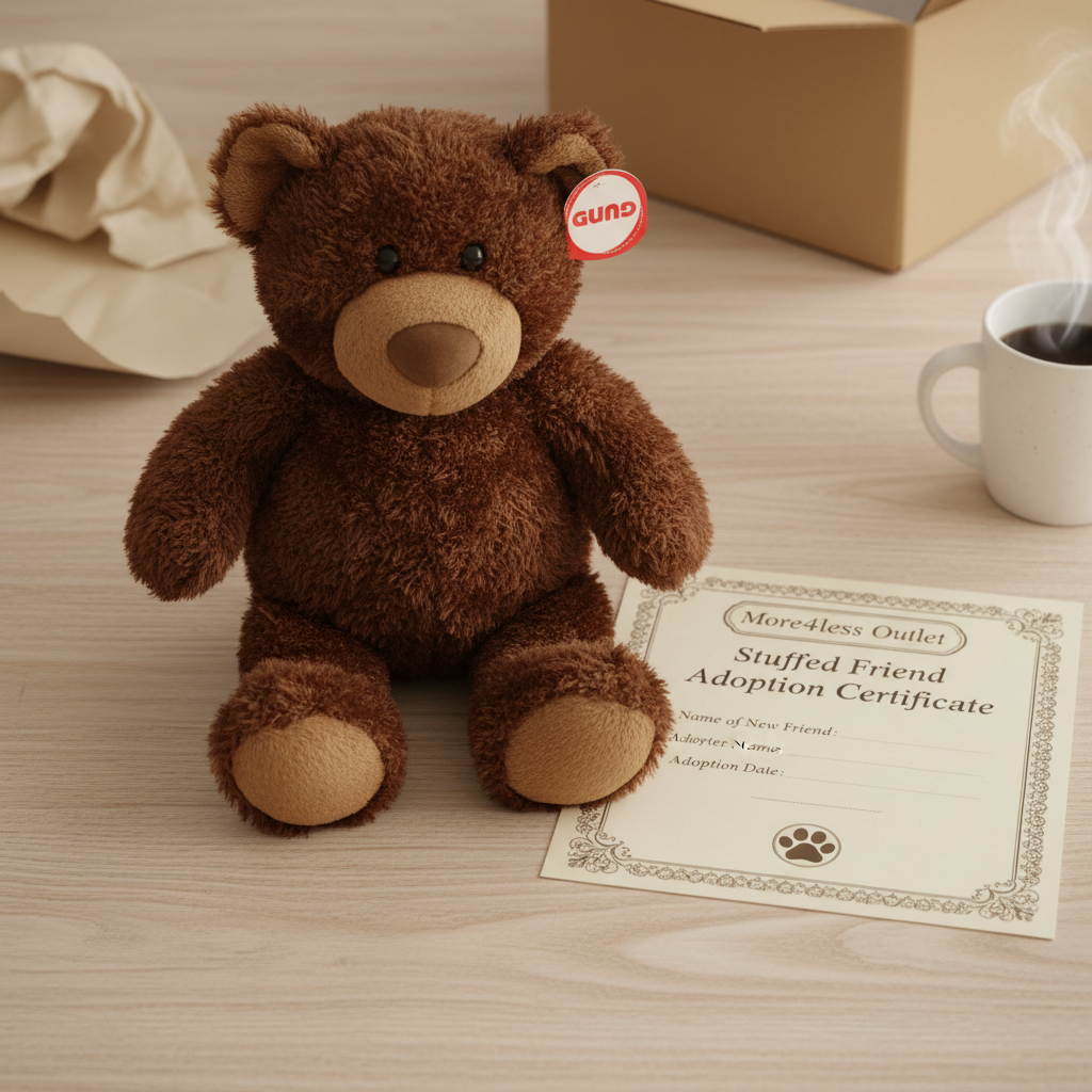 GUND Philbin Chocolate Brown Teddy Bear next to More4less Outlet Stuffed Friend Adoption Certificate gift flat lay - More4less Outlet