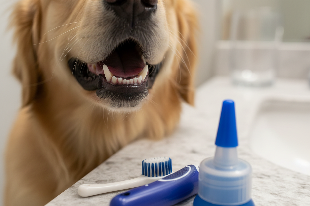 Large dog clean white teeth after brushing with TropiClean Fresh Breath kit — brushing gel removes plaque and tartar for fresher dog breath
