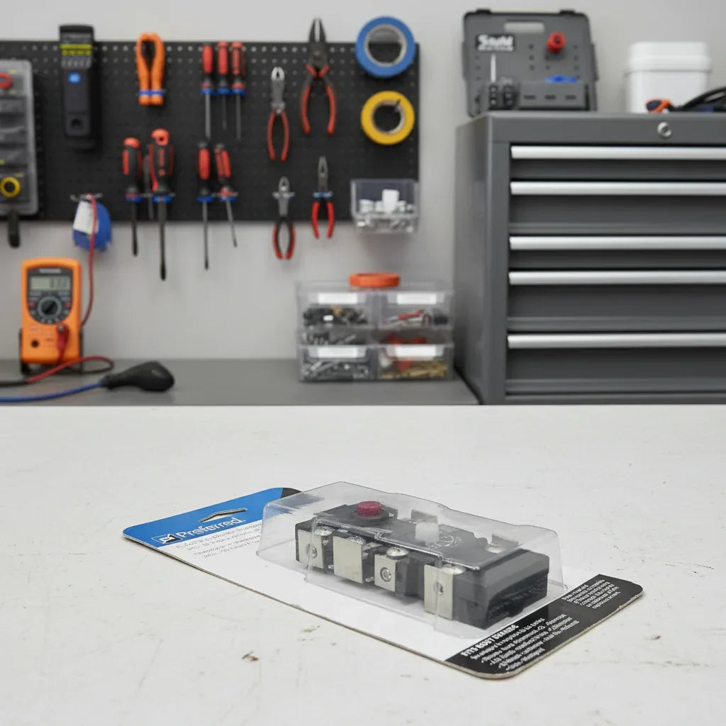 Preferred electric upper thermostat 240V displayed on professional HVAC technician workbench with organized tools.