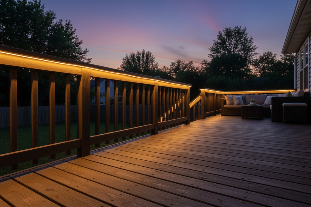 Better Homes and Gardens LED flex light warm white installed along outdoor deck railing at dusk warm golden glow