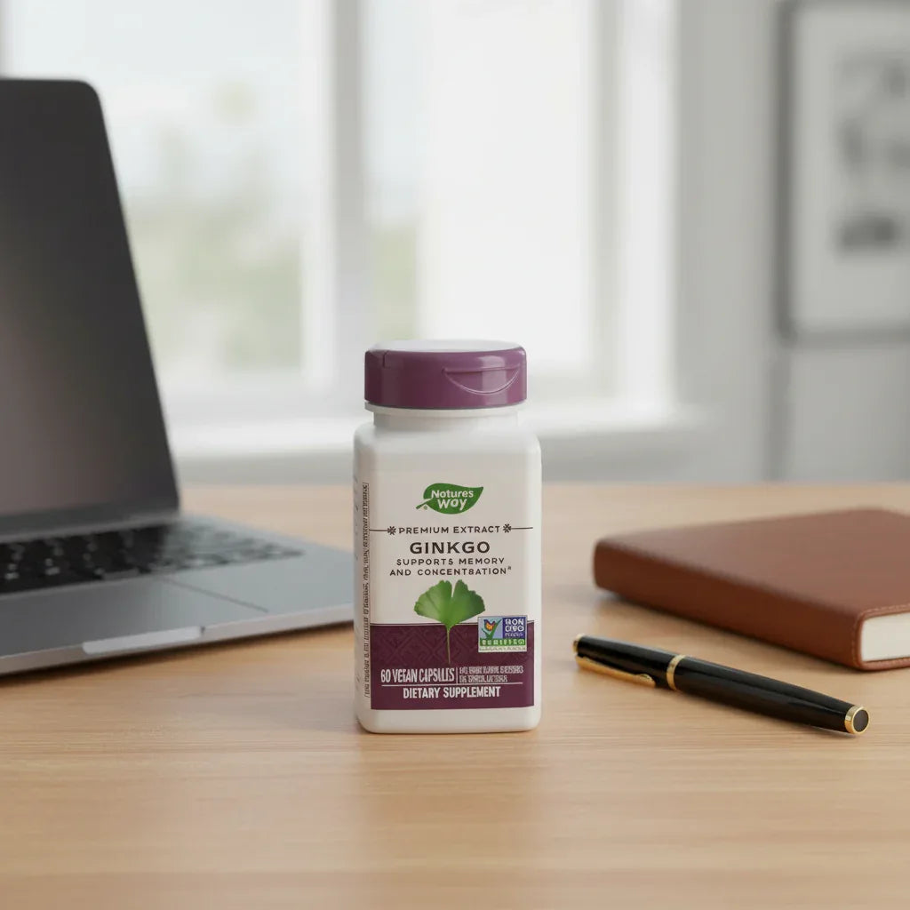 Nature's Way Ginkgo Premium Extract bottle on minimalist wooden home-office desk beside closed dark laptop, leather planner, and elegant pen
