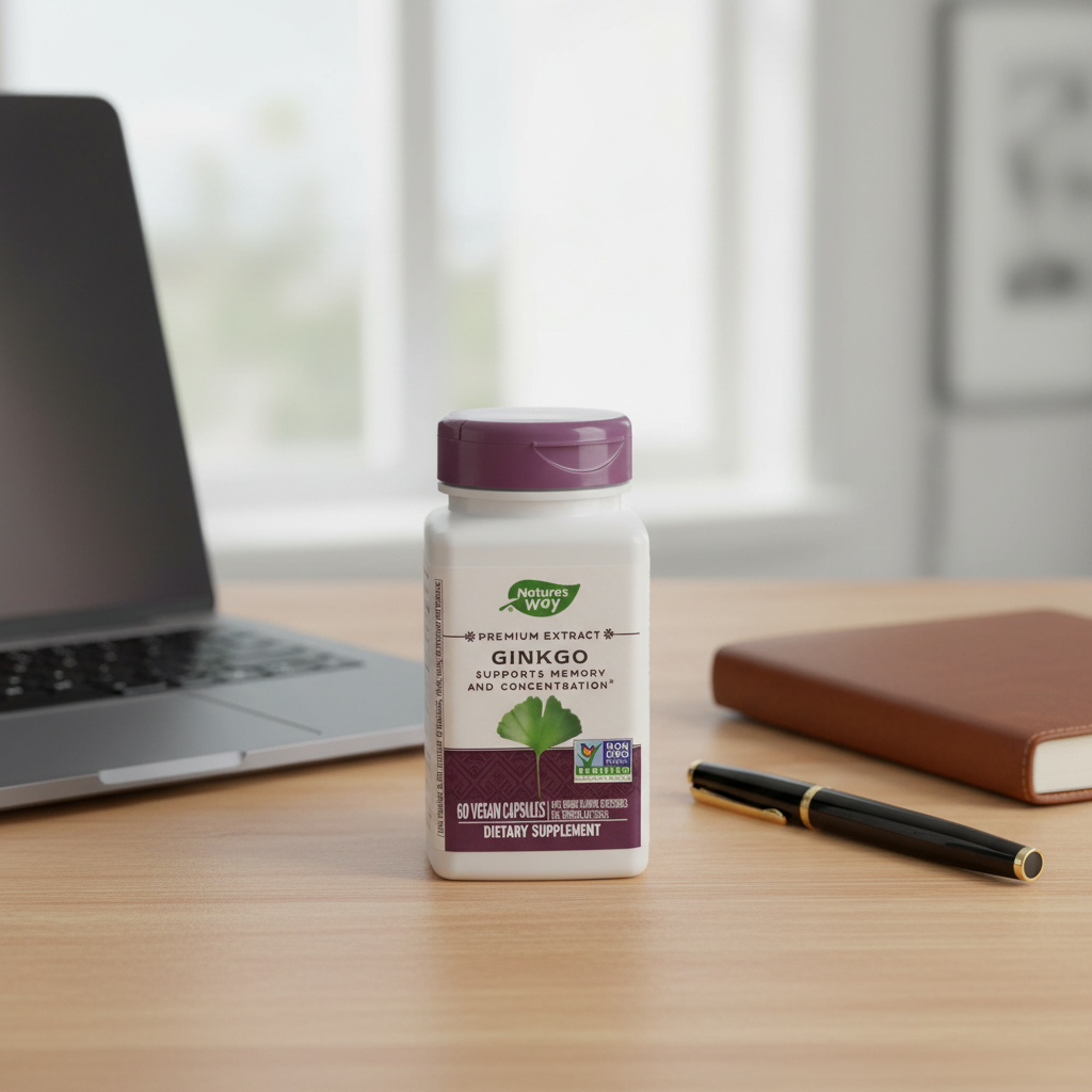 Nature's Way Ginkgo Premium Extract bottle on minimalist wooden home-office desk beside closed dark laptop, leather planner, and elegant pen