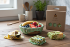 SuperBee Wax Wraps small triple pack wrapping avocado bowl and cheese on rustic wooden kitchen counter
