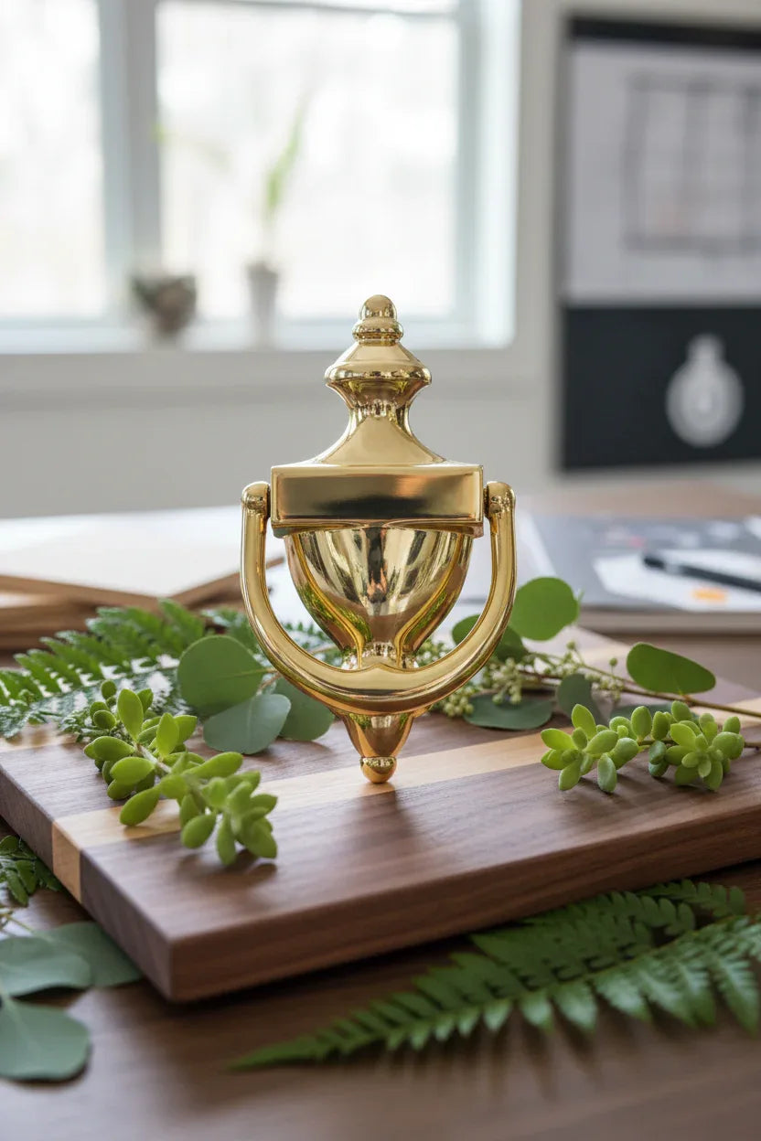 Baldwin 0102 Colonial Door Knocker Polished Brass on walnut oak board with greenery home upgrade design