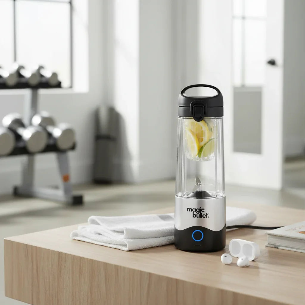 Magic Bullet Portable Blender on wooden coffee table in fitness studio with folded towel and wireless earbuds for gym routine