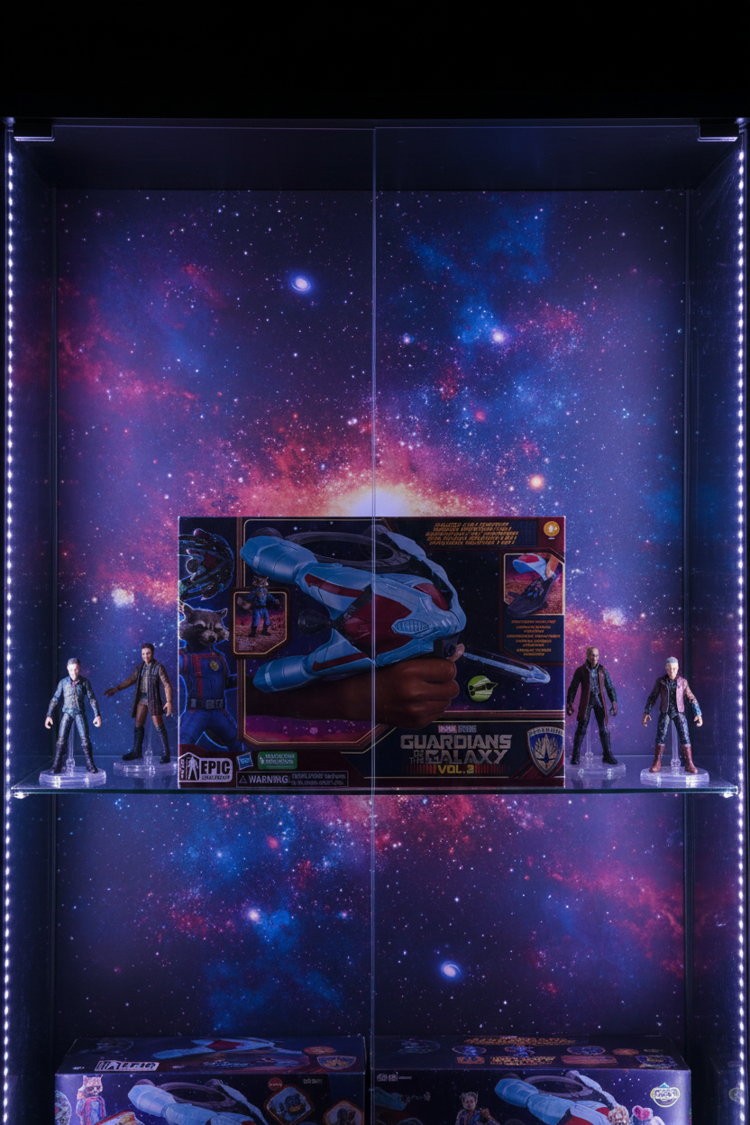 Hasbro Marvel Guardians of the Galaxy 2-in-1 Spaceship toy on cosmic-themed shelf with galaxy backdrop — More4less Outlet