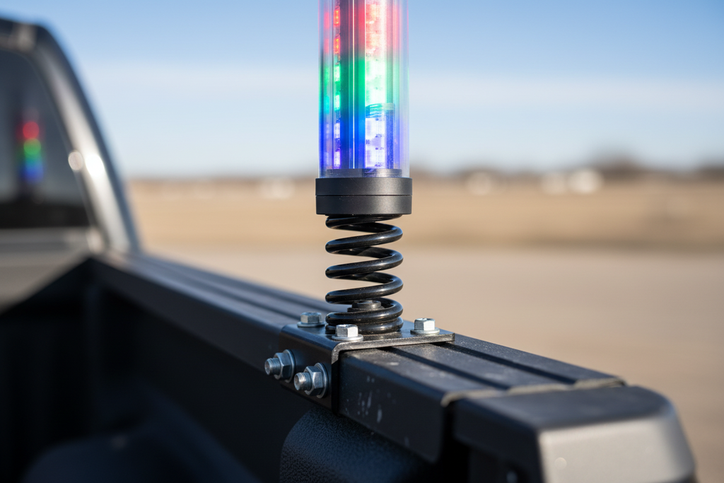 Close-up of Alpena Brite Whip Flo flexible spring mounting base and bracket hardware on truck bed rail — durable shock-absorbing mount