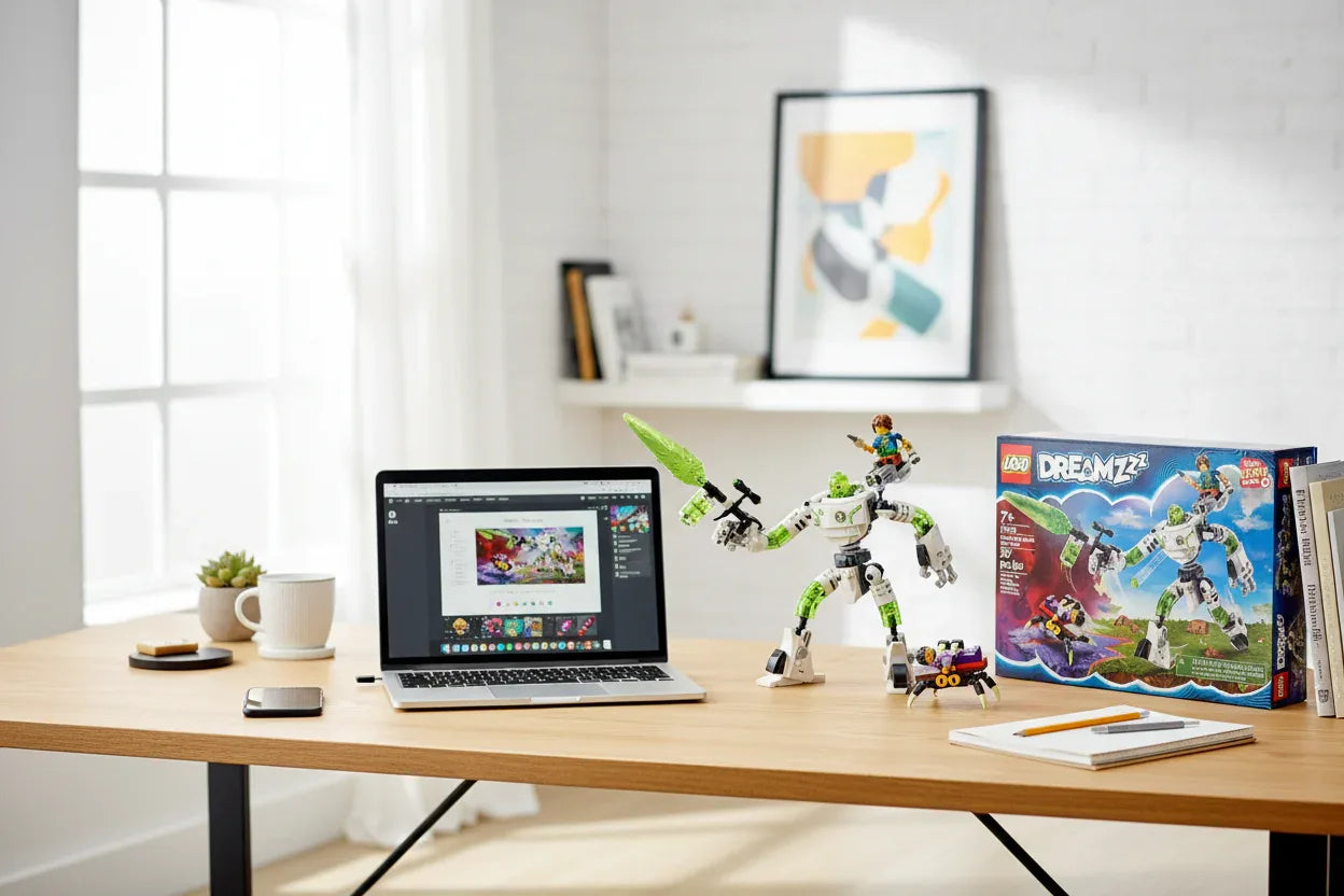 Organized workspace desk with built LEGO DREAMZzz Z-Blob robot beside laptop