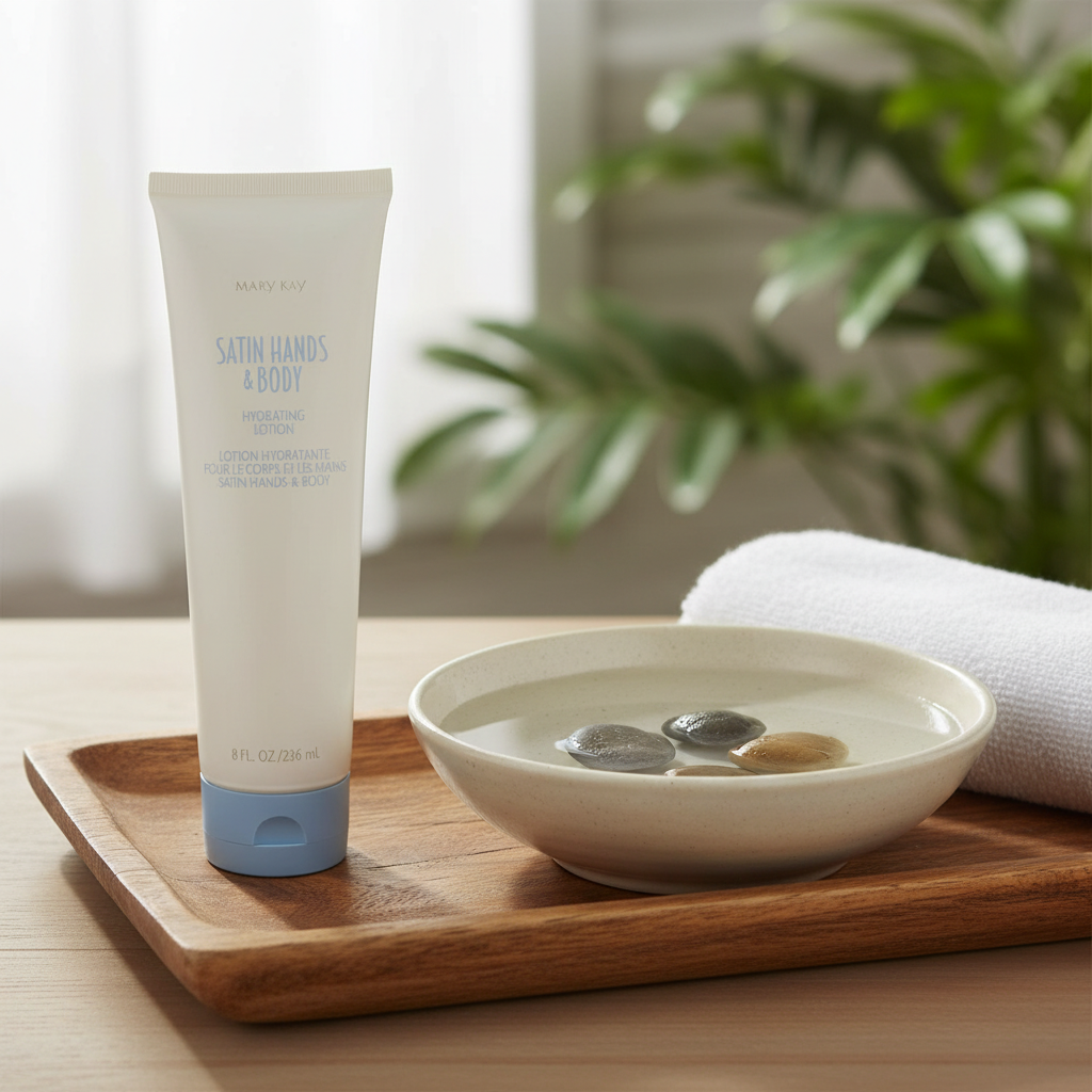 Mary Kay Satin Hands & Body Hydrating Lotion on wooden spa tray with stones and water bowl – More4less Outlet