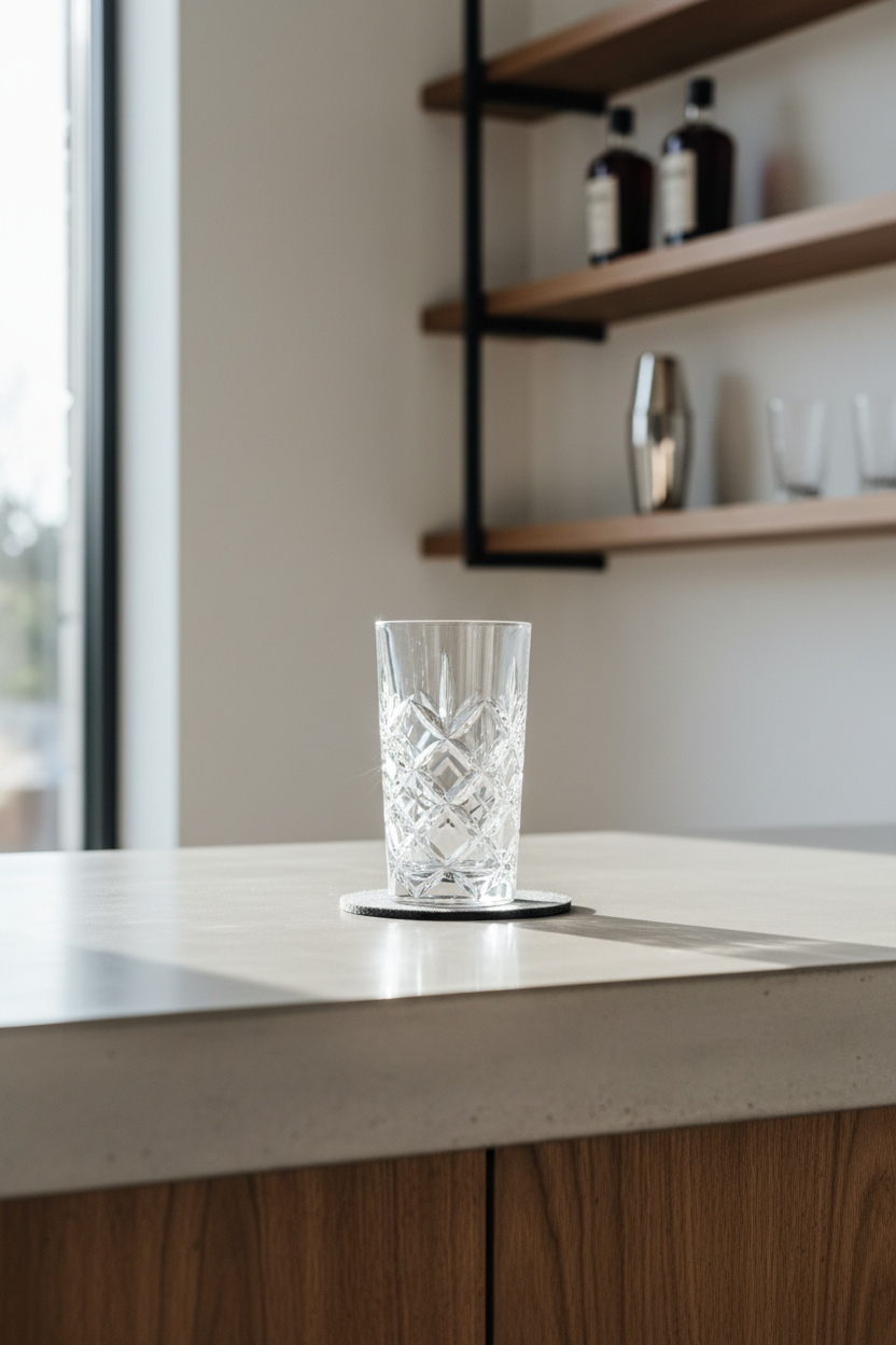 Clean modern home bar countertop with a single premium Riedel Spey crystal highball longdrink glass, minimalist styling and soft natural light