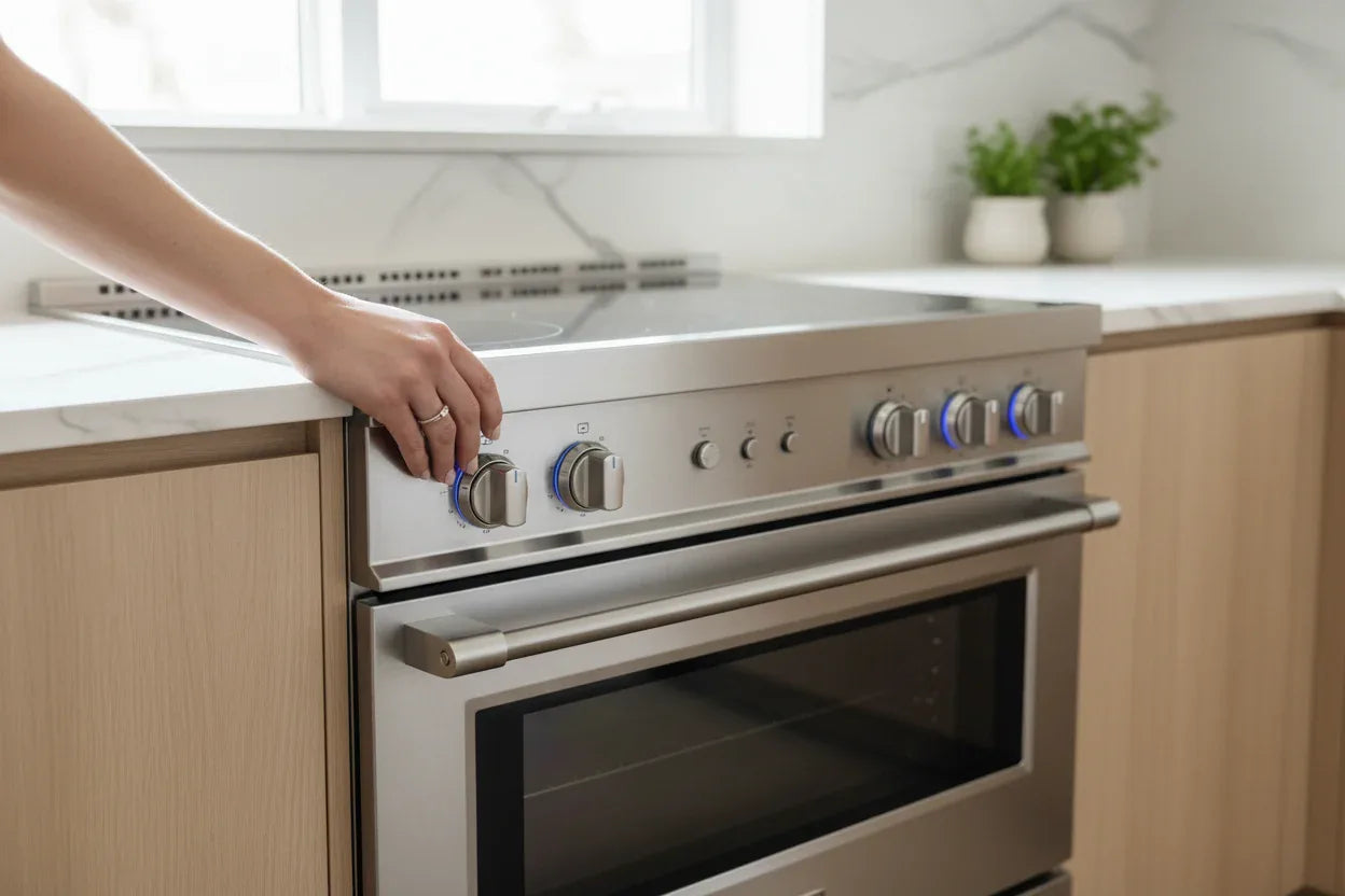 Clean modern kitchen range with burners being adjusted by hand