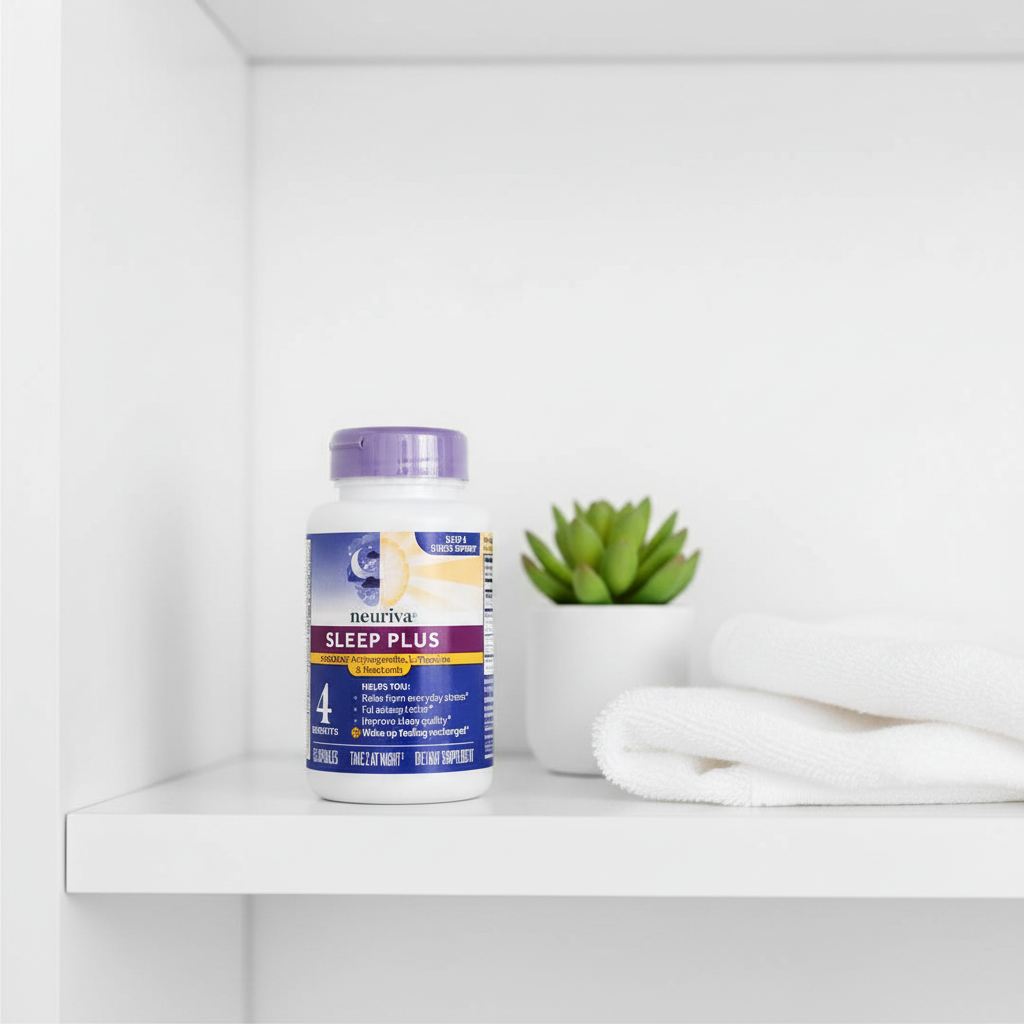 Neuriva Sleep Plus bottle on wellness shelf with succulent and white linen towel – More4less Outlet