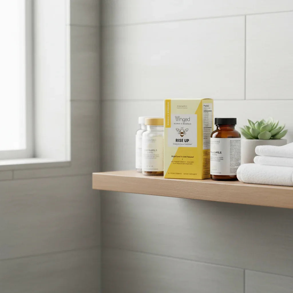 Winged Rise Up gummies yellow box on minimalist bathroom wellness shelf lifestyle image