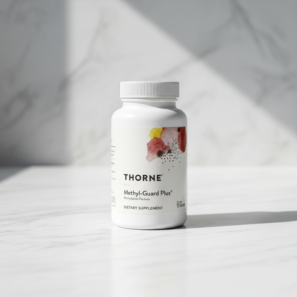Thorne Methyl-Guard Plus white supplement bottle on clean marble surface soft natural light premium wellness product lifestyle