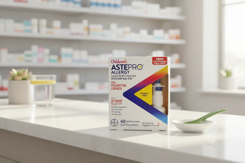 Children's ASTEPRO Allergy nasal spray packaging displayed on clean pharmacy counter in natural light