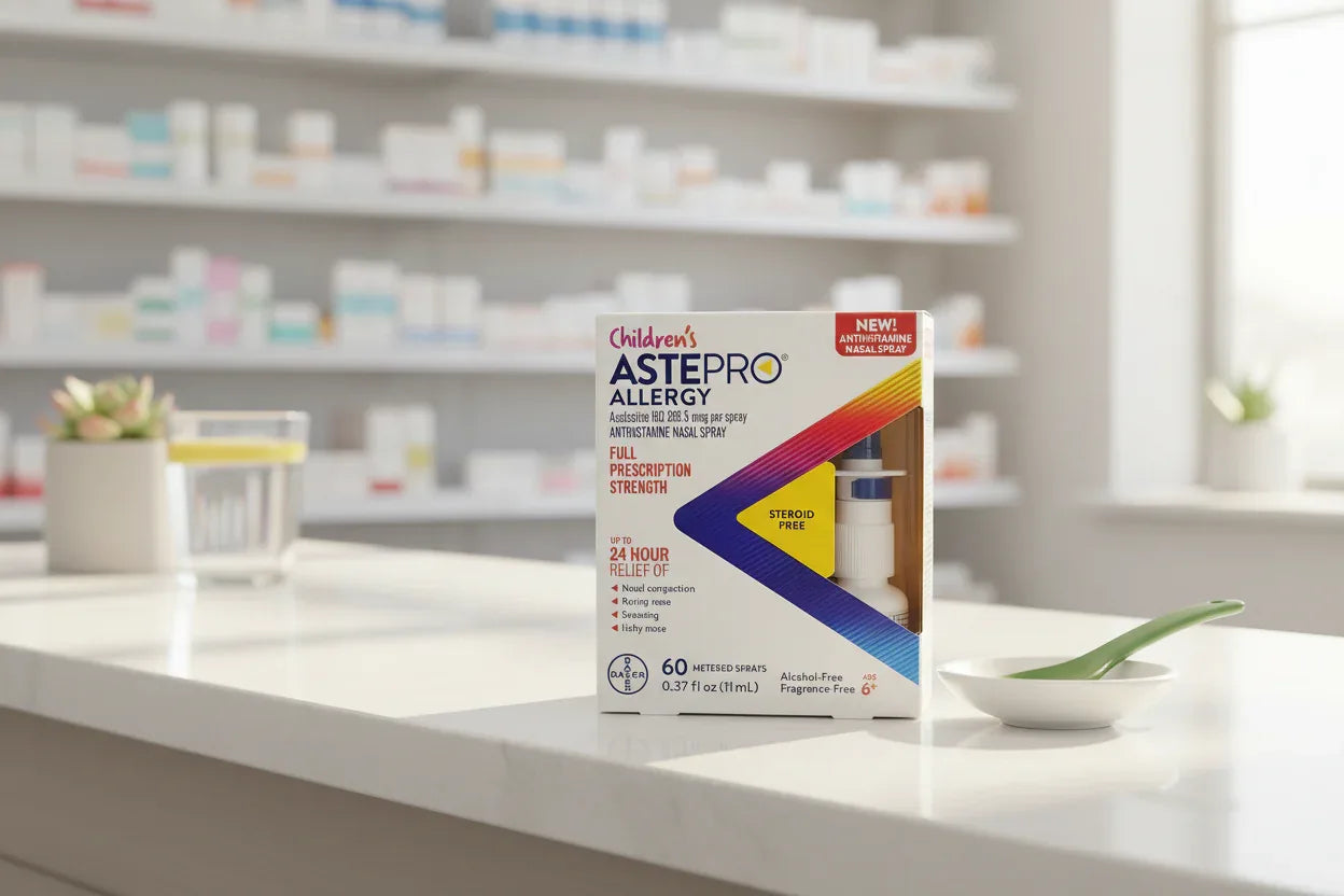 Children's ASTEPRO Allergy nasal spray packaging displayed on clean pharmacy counter in natural light