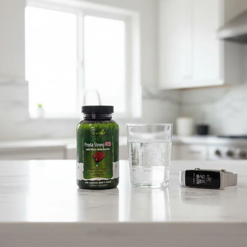 Irwin Naturals Prosta-Strong RED bottle on white quartz breakfast bar with glass of water and fitness tracker