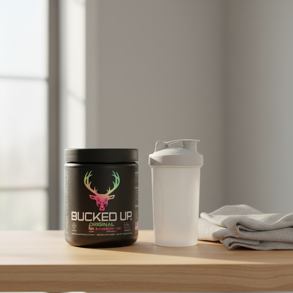 Bucked Up Original Strawberry Kiwi pre-workout container on a home gym shelf beside a shaker bottle and towel