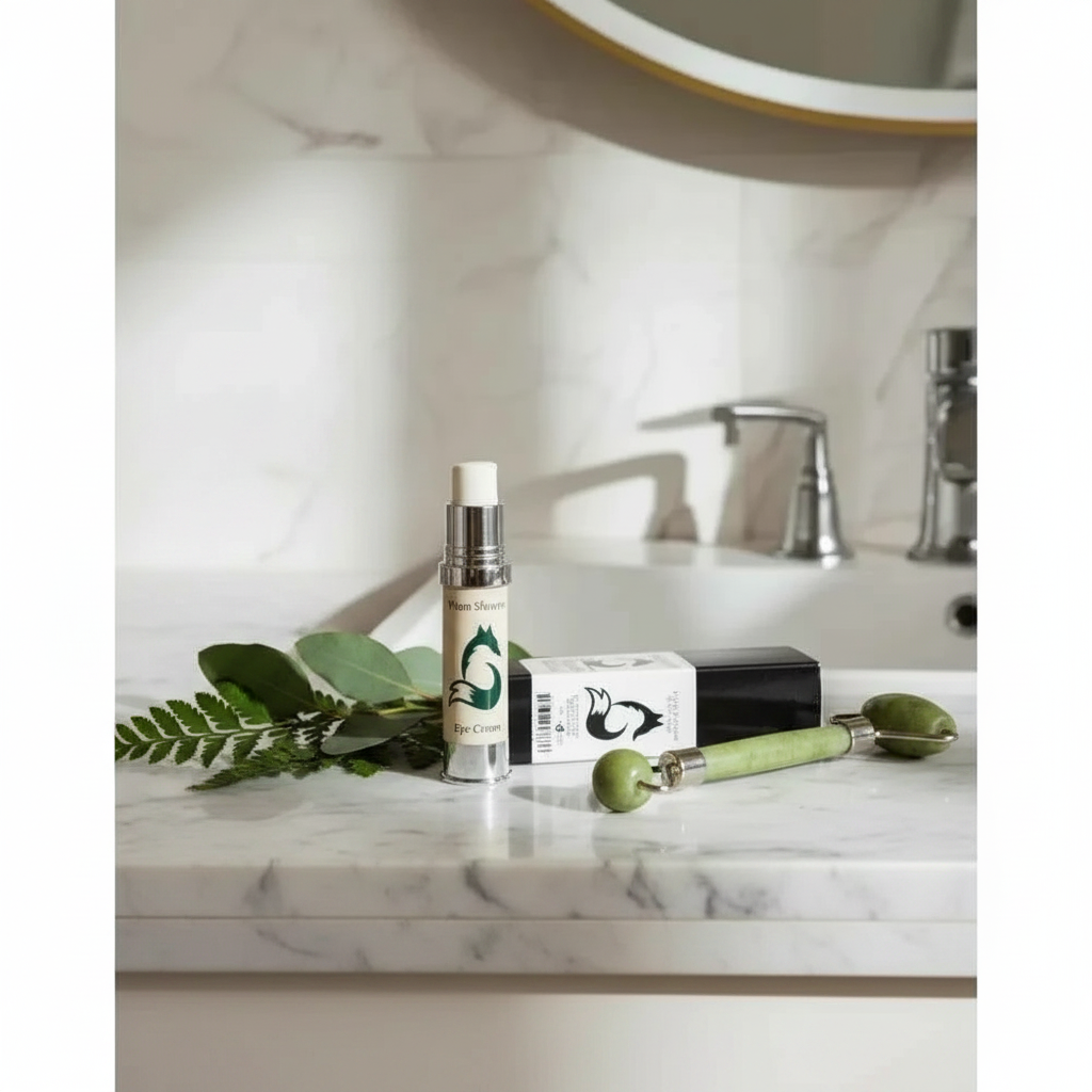 Vixen Skincare Botanical Eye Cream on marble countertop with botanicals and jade roller