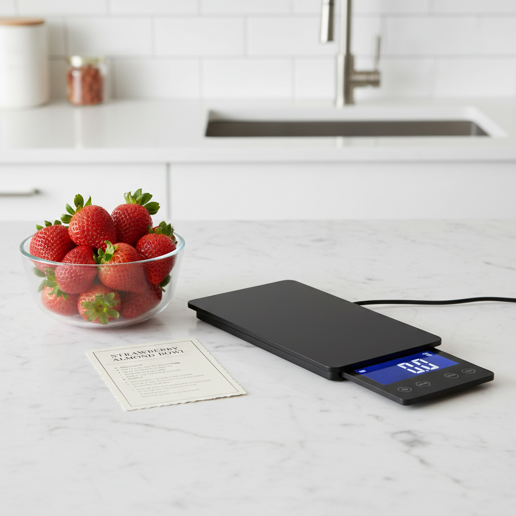 Lifestyle — slim black digital food scale with pull-out display on white marble counter beside glass bowl of strawberries and recipe card — clean modern kitchen flatlay editorial for visual context only