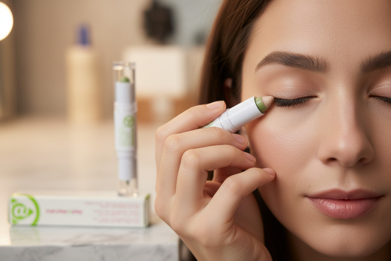 Woman applying cream eyeshadow crayon to eyelid with Mary Kay at Play dual-ended stick on vanity in background – beauty lifestyle photo