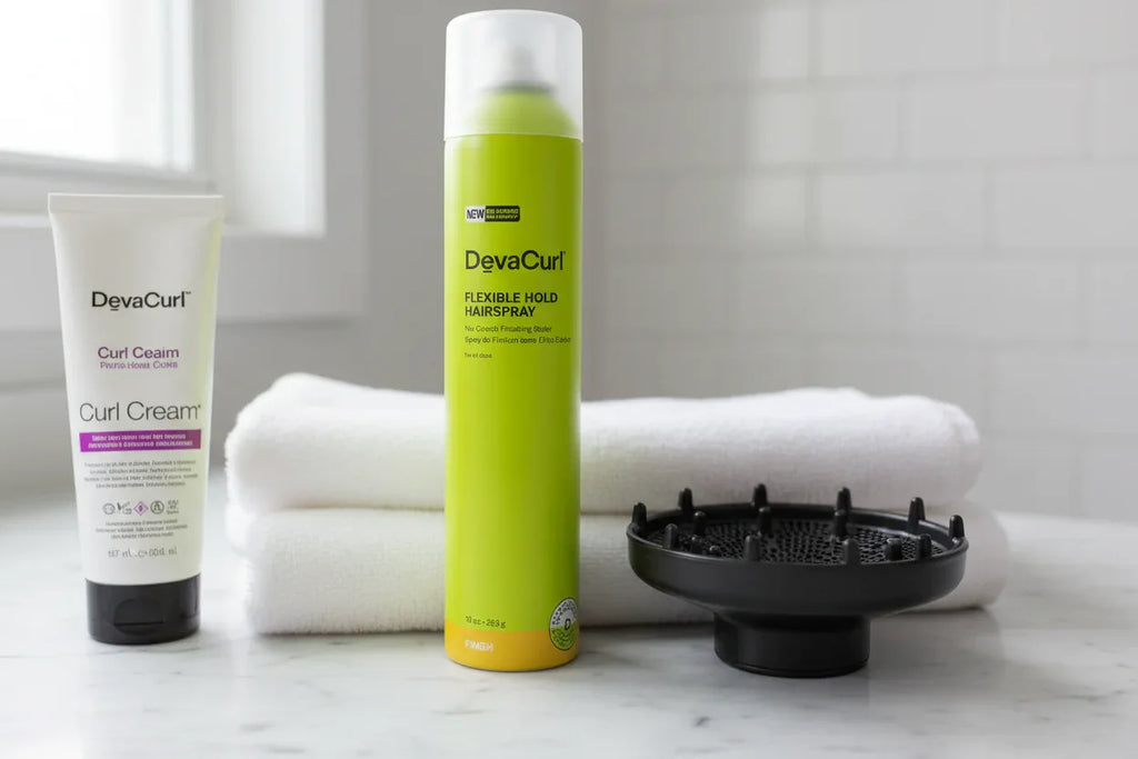 DevaCurl Flexible Hold Hairspray on marble bathroom counter with diffuser curly hair lifestyle