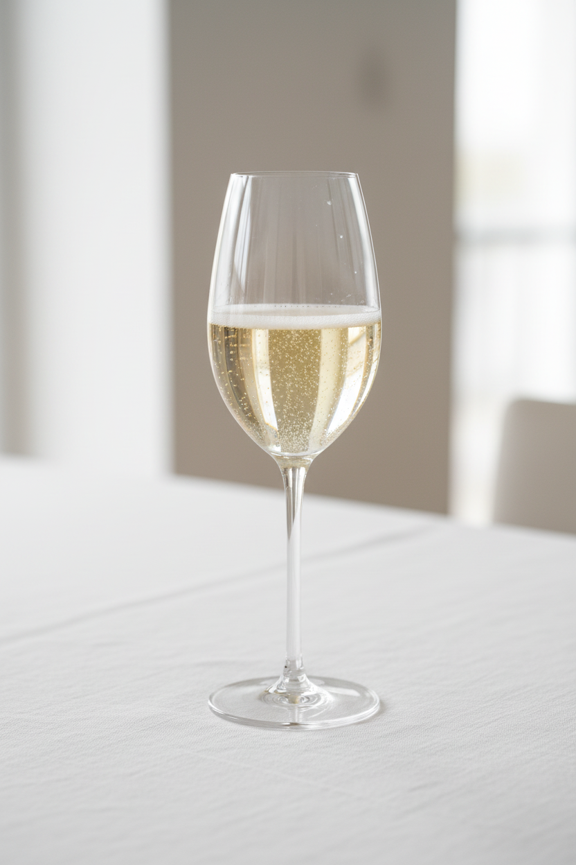 Sparkling Prosecco with rising bubbles in a tall elegant Riedel crystal champagne glass on white linen tablecloth