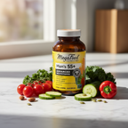Men's senior multivitamin amber glass bottle on white marble surface with soft morning light and fresh vegetables – More4less Outlet