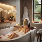 Woman relaxing with a face mask applied in a serene spa-like bathroom with soft ambient lighting