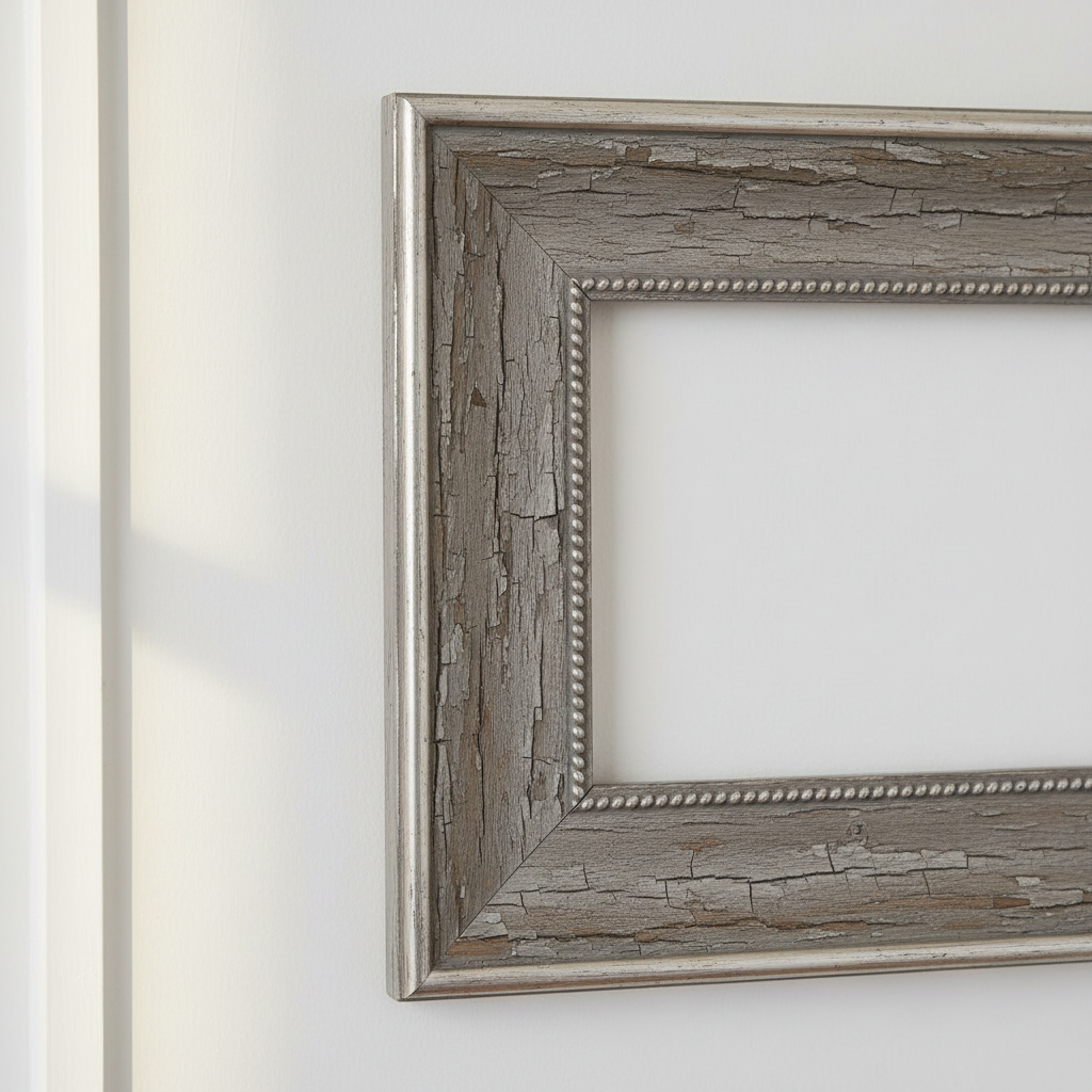 Close-up of a weathered grey picture frame with silver-tone trim on a white wall
