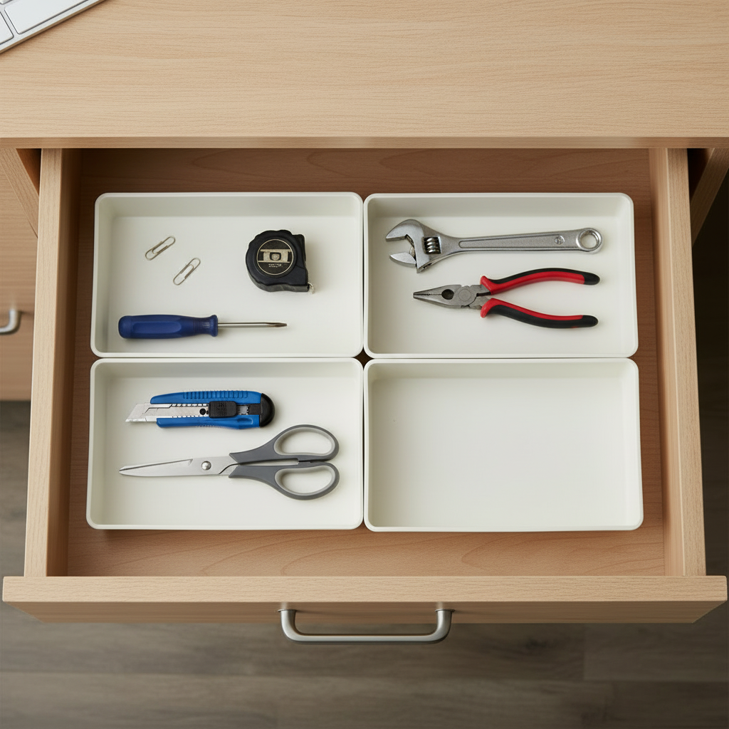 AI-generated illustrative kitchen-utility drawer context showing four organizers; not the actual stocked item.
